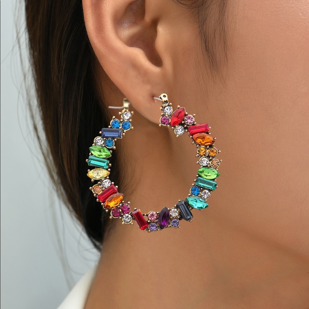 Kaleidoscope Rhinestone Glam Hoop Earrings, Bling Rainbow of Color - Picture 2 of 2